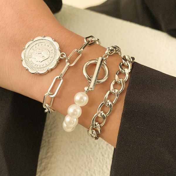

charm bracelets 3pcs/set punk hip hop baroque pearl coins pendant charms multi layered bracelet gold chain for women jewelry, Golden;silver