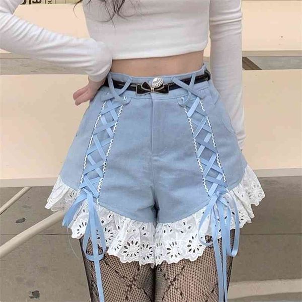 

women waist bandage short jeans female pachwork lace ruffles denim shorts 210602, Black;white