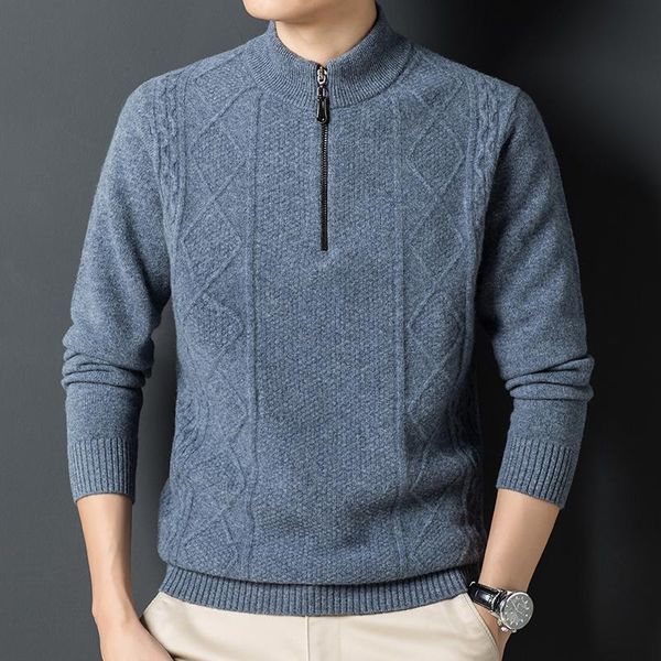 

men's sweaters zipper half high neck pullover sweater thickened 100% pure wool loose large bottomed top, White;black