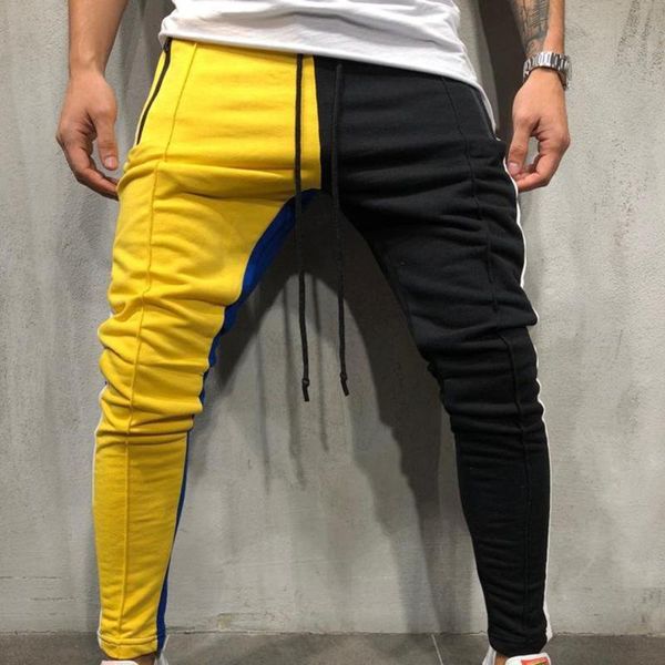 

men's pants color block sports men tracksuit pockets jogging slim sweatpants fitness fashion sportswear homme streetwear, Black