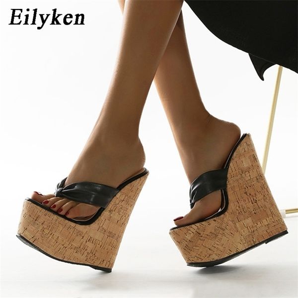 

eilyken new super 18cm high heels platform wedges pinch slippers women sandals mules slippers shoes size 35-42 210310, Black