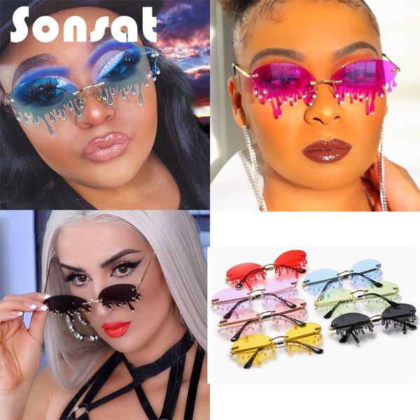 

sunglasses fashion vintage unique diamond uv400 women tears shape punk rimless crystal eyeglasses motor accessory, White;black