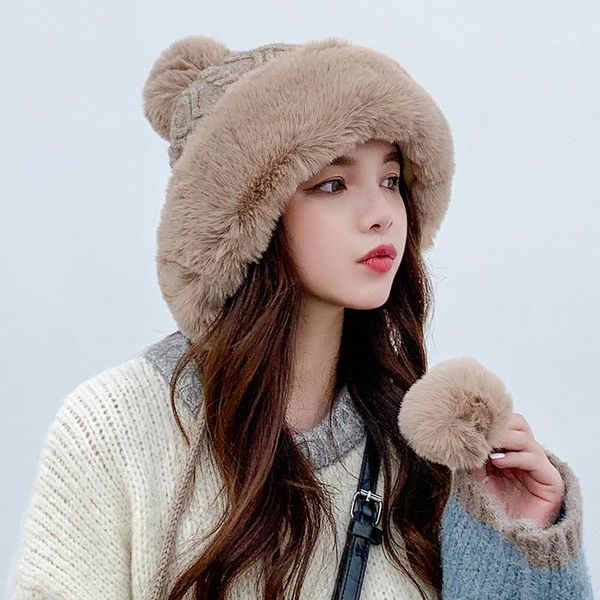 

berets woman autumn winter mink knit bomber hat thick female fluffy pompom outdoor warm windproof earflap trapper snow ski caps, Blue;gray
