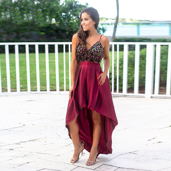 

2021 burgundy/black short front long back sequin cocktail new fashion straps v-neck prom party es robe de soriee 27z4