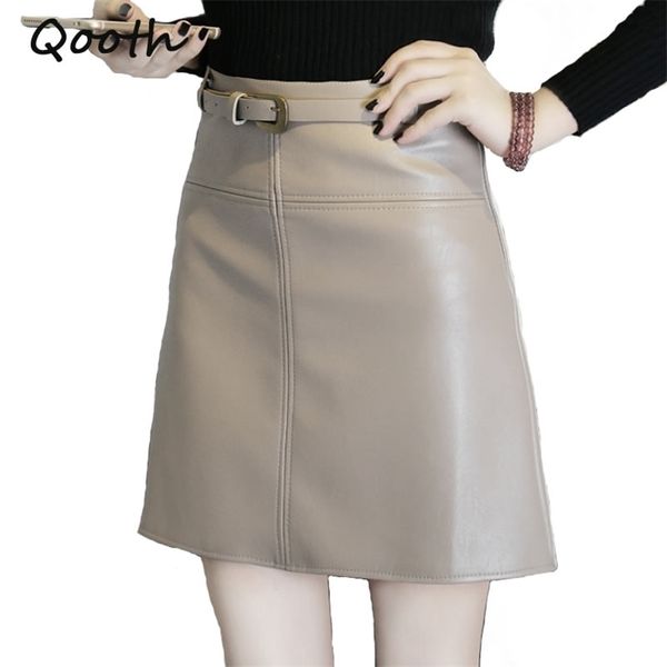 Qooth PU Leder Bleistift Sommer Neue Schwarz Sexy Reißverschluss Rechts Frauen Hohe Taille Mini Skort Casual OL Arbeit Rock Schärpen Kostenloser QH984 210309