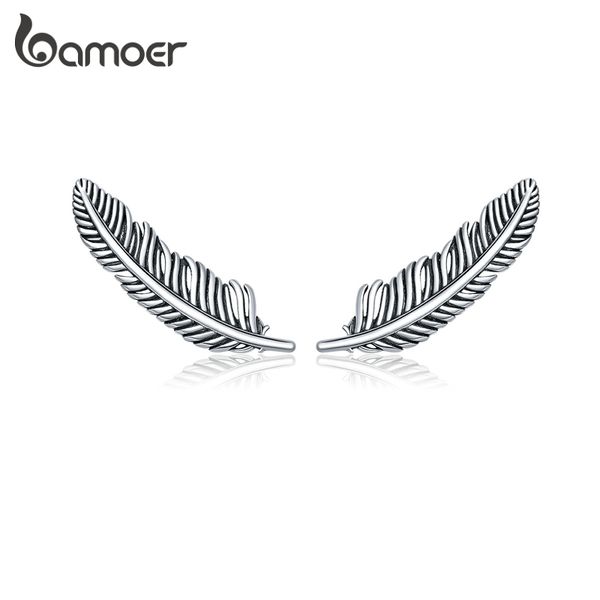 

bamoer authentic 925 sterling retro feather stud earrings for women real silver ear studs fine jewelry brincos sce865, Golden