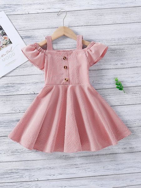 

toddler girls button half cold shoulder gingham dress she, Red;yellow