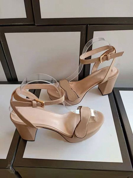 

mid heel sandals 100% leather rough heel woman shoes fashion metal buckle sexy gg soft cattle womens beach shoes large size 42 2438#, Black