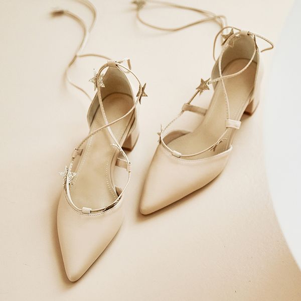 

Womens genuine leather thick high heel pumps cross strap lace-up ankle tie pointed toe elegant ladies slim summer dress shoes, Beige