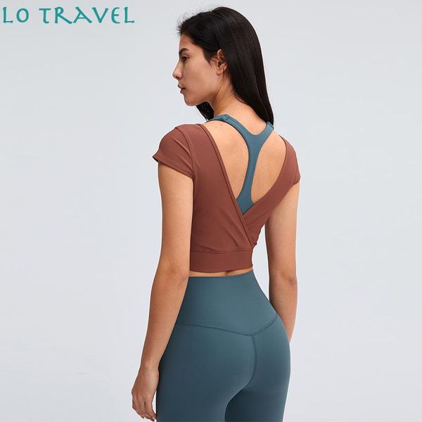 

lotravel ribbed v-neck yoga dance sport cropped t-shirts women back open leisure running fitness gym workout crop xs-l, White;red