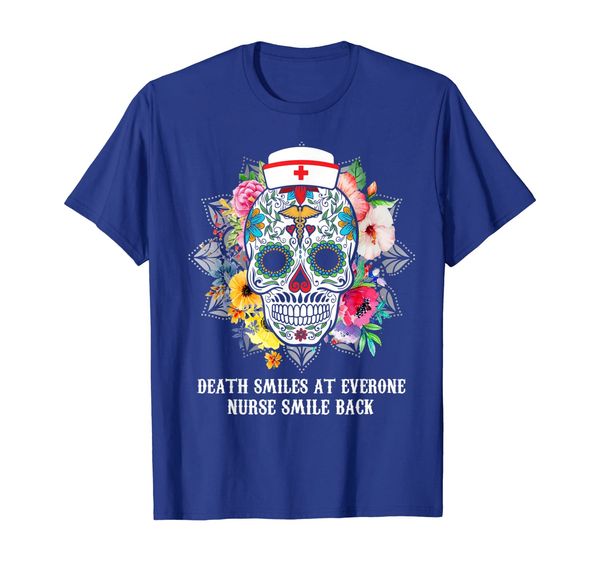 

death smiles at everyone nurse smile back skull tshirt, White;black