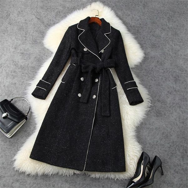 

women's wool & blends street style fashion women winter thick warm woolen jackets coats elegant beading long overcoat lace up outerwear, Black