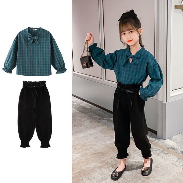 

2021 new girls casual children clothes fall long plaid shirts + pants girls'clothes age 8 10-12 years old s4lj, White