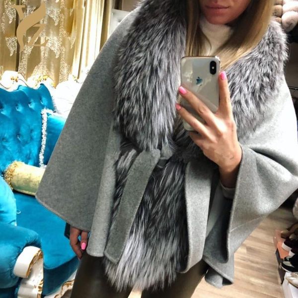 

women's fur & faux creative wool coat female winter jackets with nature silver collar real coats outerwear overcoats capped 2021, Black