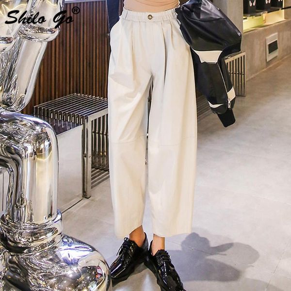 

women's pants & capris office lady solid women autumn elegant single button sheepskin genuine leather trousers concise work wear wide l, Black;white