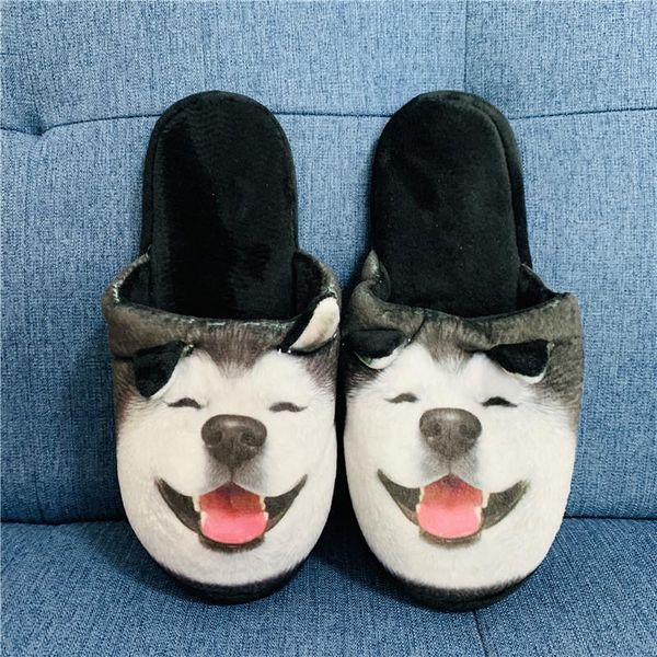 

husky dog anime women's slippers cartoon winter warm indoor shoes home plush slipper bedroom gifts, Black