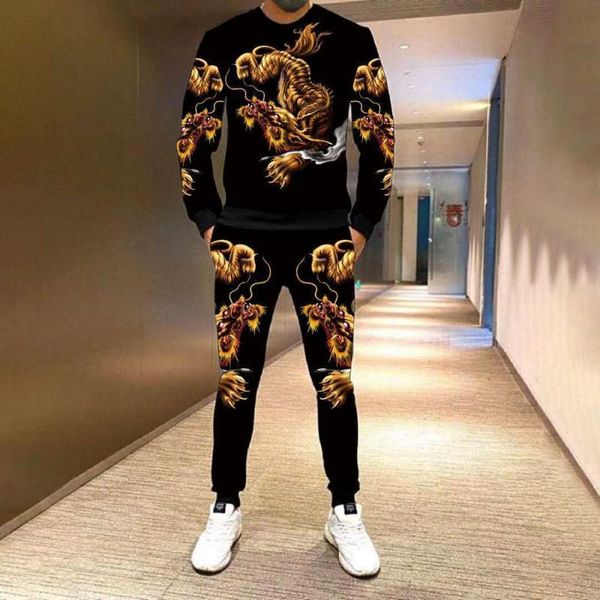 

men's tracksuits spring and autumn long-sleeved t-shirt + pants 2-piece suit chinese style clothes 3d dragon pattern printing casual, Gray