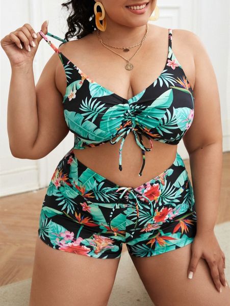 

plus plant print drawstring shorts bikini swimsuit m3o2#, Black