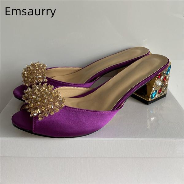 

sandals beading crystal flower party women summer diamond square heel open toe slingbacks satin runway mules lady, Black