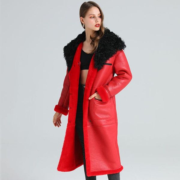 

women's fur & faux 2021 red extra long real sheepskin shearling coat women fashion winter thicken warm natural clothing, Black
