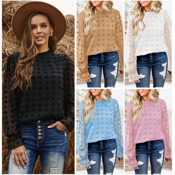 

shiying spring and autumn tulle long sleeve chiffon shirt women's pullover solid color casual 2513867, Black