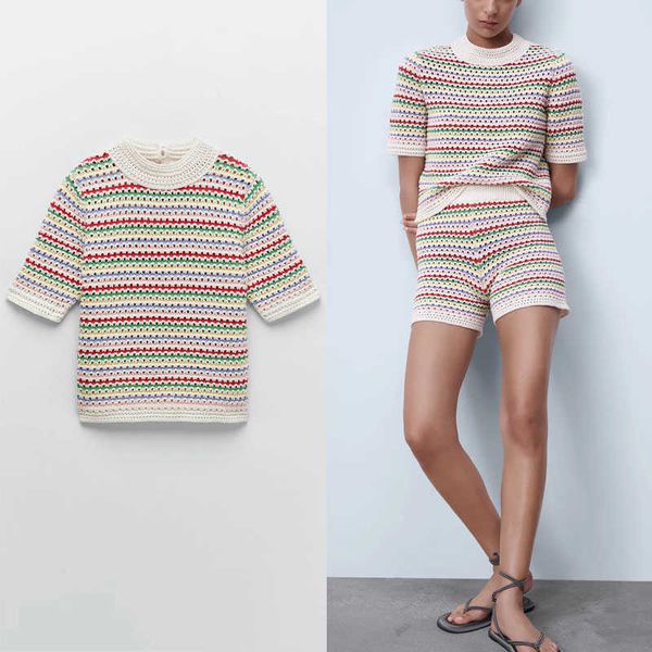 

striped knit za sweater women short sleeve hollow out spring pullover female chic o neck vintage slim knitted 210602, White;black