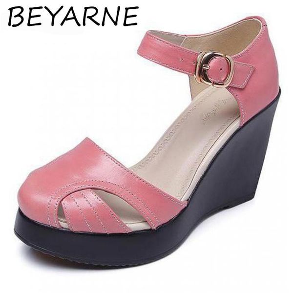 

sandals beyarne women ummer fashion comfortable cowhide high heels wedges platform genuine leather shoes, Black