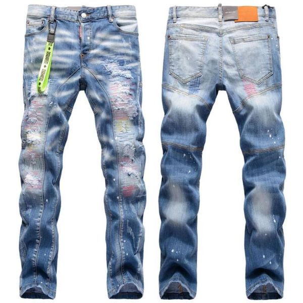 

men's jeans men light blue denim fashion holes long pants male stretch casual straight fit trousers 38