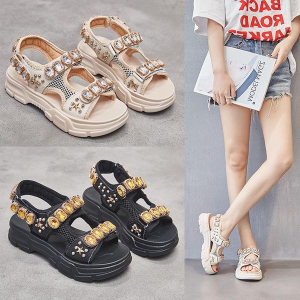 

cake thick bottom toe shoes rhinestone 2021 summer women's magic sticker flat sandals, Black