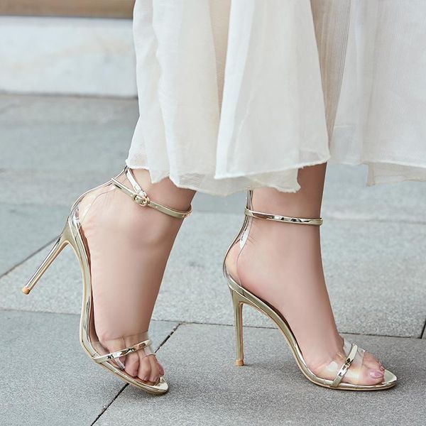 

dress shoes 2021 summer gold and silver fairy style stilettos transparent buckle belt celebrities all-match roman sandals for women, Black