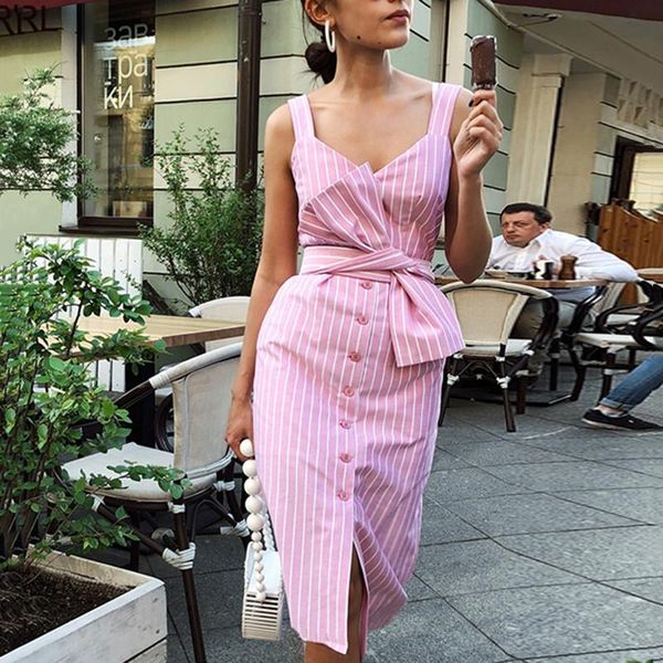 

new women v-neck sundress sleeveless stripe straight summer long section dress fashion button belt mid-calf vestidos, Black;gray