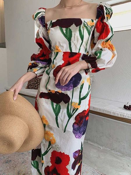 

purple floral dres ruffle korean kawaii cute party summer red flower vestido vintage square aollar kleider damen 210601, Black;gray