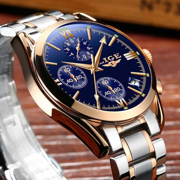 

lige brand luxury watch fashion quartz sport watches men full steel military clock waterproof gold watch men's relogio masculino 210527, Slivery;brown