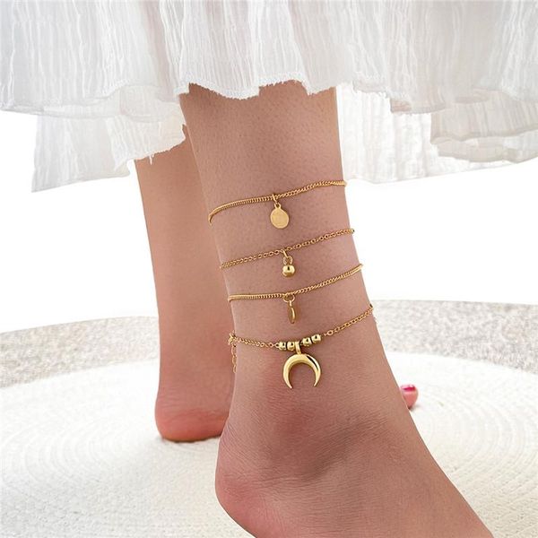 

anklets letapi 4pcs/set punk vintage gold color moon lock beads for women bohemian leg ankle anklet bracelet beach jewelry, Red;blue