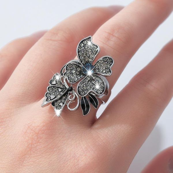 Обручальные кольца богемный этнический стиль черный бабочка цветочный кольцо роскошное благородное морское синий кристалл для женщин уникальный панк -ювелирные изделия