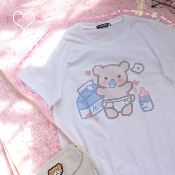 

japanese soft girl cute baby bottle bear short sleeve t shirt tee student harajuku loose kawaii ulzzang cotton t shirt, White