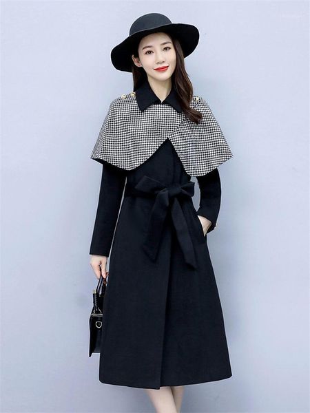 

women's wool & blends cloak woolen coat mid-length autumn and winter french retro shawl slim windbreaker bandage casaco feminino y1360, Black