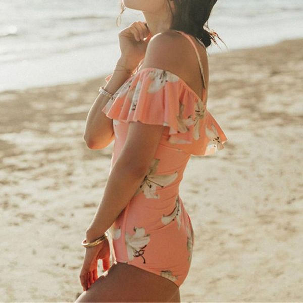

women's off back floral print ruffle off shoulder one piece swimsuit bikini