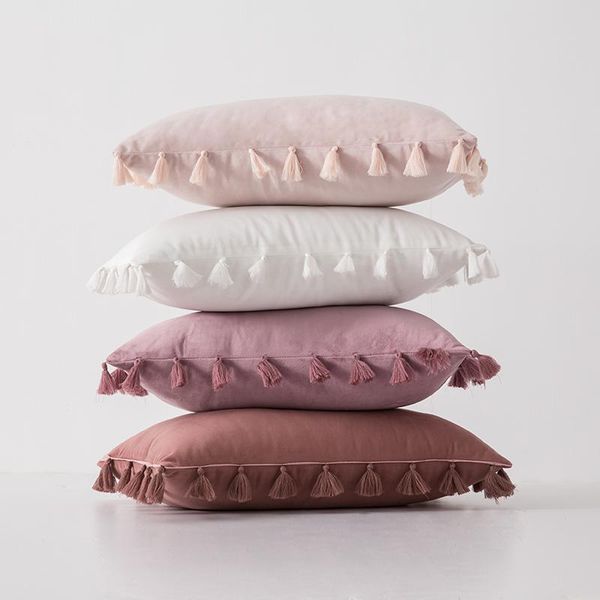 

pillow case pink grey yellow navy green blue beige cushion cover with tassel bedroom sofa decoration pillowcase 30x50cm/45x45cm