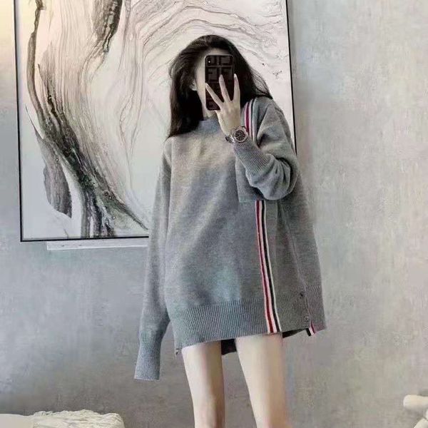 

chao brand tb autumn wool four bar color ribbon front and rear split round neck long sleeve sweater, White;black