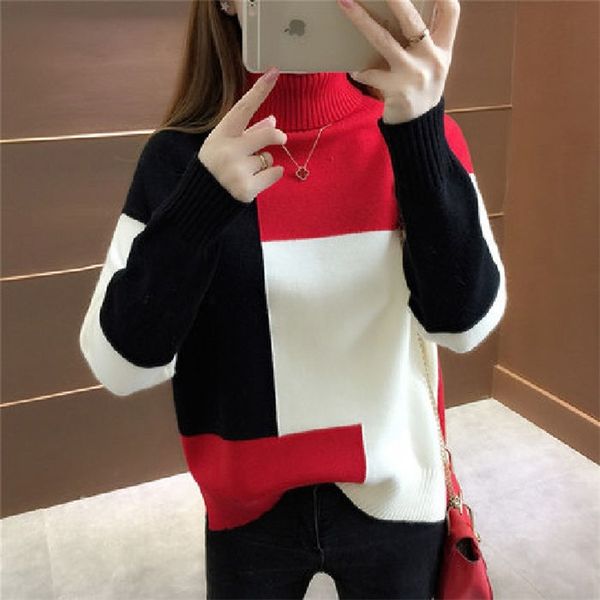 

jmprs patchwork women pullover sweater autumn loose o neck long sleeve knitted thick korean fashion female jumper 210922, White;black