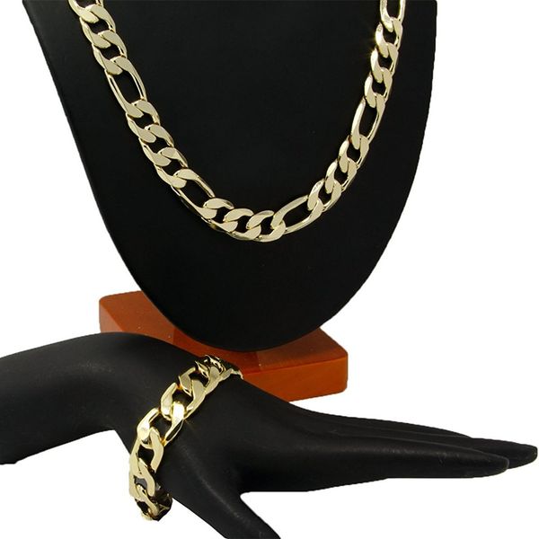 

mens gold filled 24" 10mm italian figaro chain necklace & 9" 10mm wrist bracelet jewelry sets, Silver