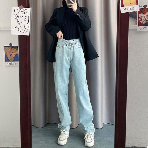 

women's jeans women for fashion straight loose boyfriend 2021 high waist casual jean female denim wide leg pants streetwear wj237, Blue