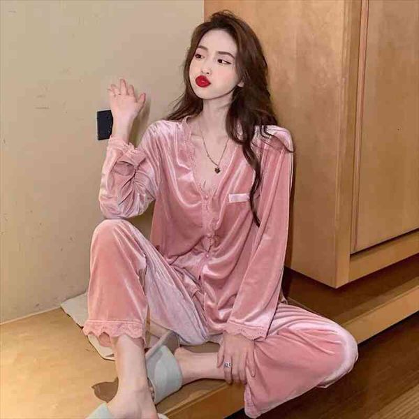 

korean autumn lace elegant velvet pajamas set women sweet palace style pajamas set home clothes, Black;red