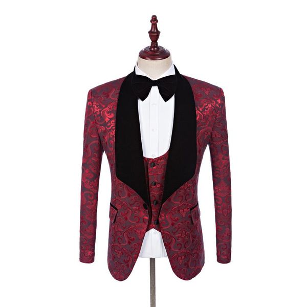 

men's tracksuits burgundy jacquard men jacket blazer 3 piece suit black velvet lapel groom tuxedos wedding tuxedo(jacket+pants+tie+vest, Gray