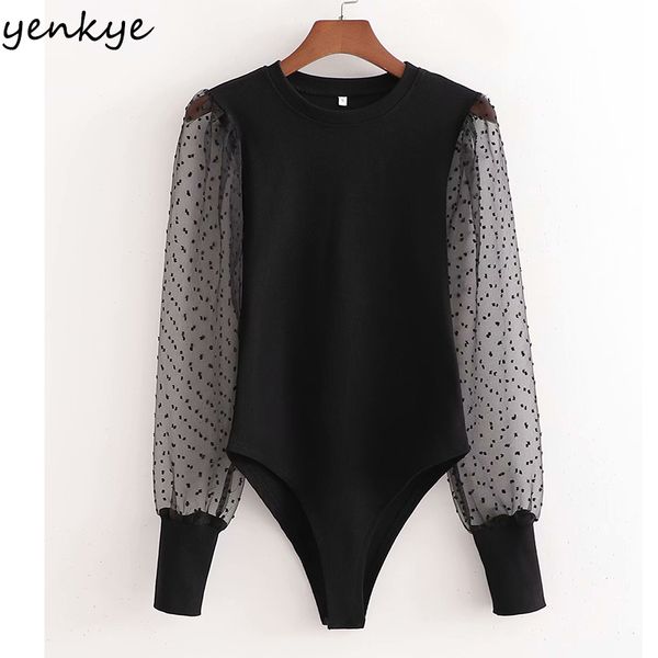 

2021 new mesh patchwork bodysuit women fashion transparent sleeve round neck vintage black tos body femme playsuit 9xxl, White;black