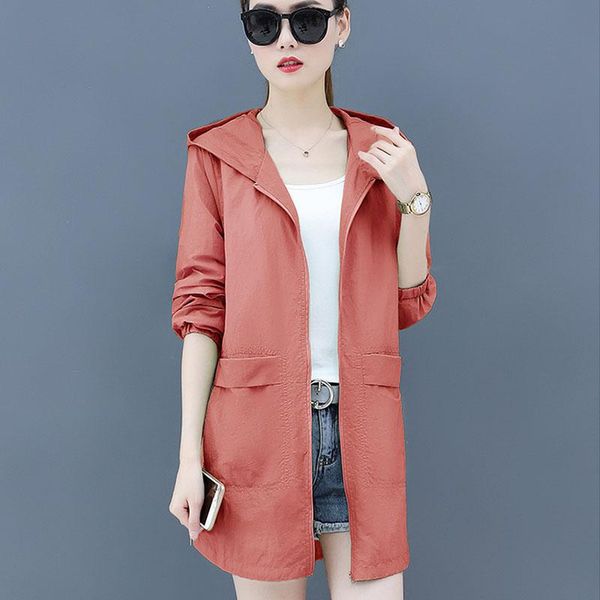 

women's jackets 2021 summer plus size loose pocket hooded jacket women casual sun protection clothing thin coat mid-length cardigan m-4, Black;brown