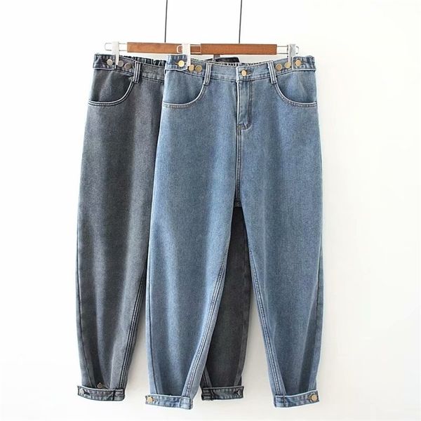 Mädchen Lose Mode Boyfriend-Jeans für Frauen Hohe Taille Plus Größe Weichspüler Ganzkörperansicht Denim Haremshose Retro Blau Grau 4XL 5XL 210809