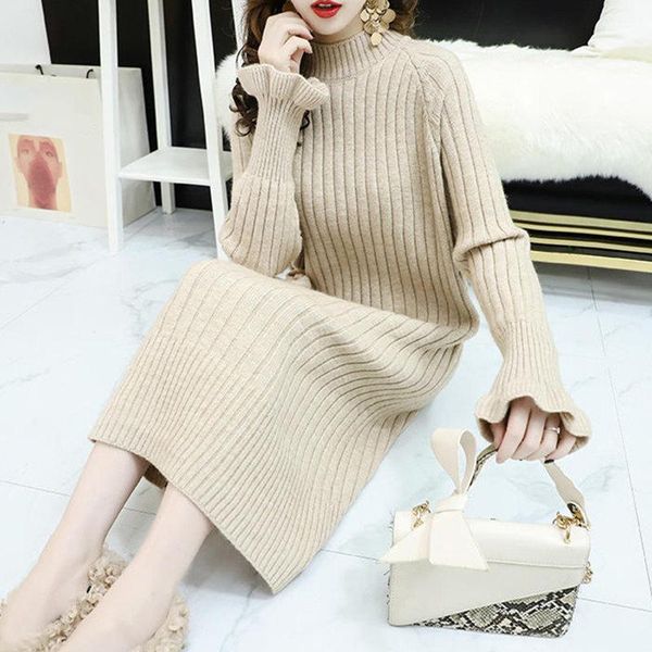 

casual dresses spring autumn acrylic women's dress turtleneck long sleeve pullover solid loose thick korean style, Black;gray