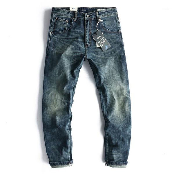 

men's jeans 2021 spring blue moustache effect washed old fashion elastic slim straight pants simple young pencil